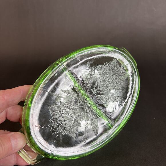 Jeanette Poinsettia Relish Dish, Green Depression Uranium Glass, Vintage 1930s - Picture 7 of 9